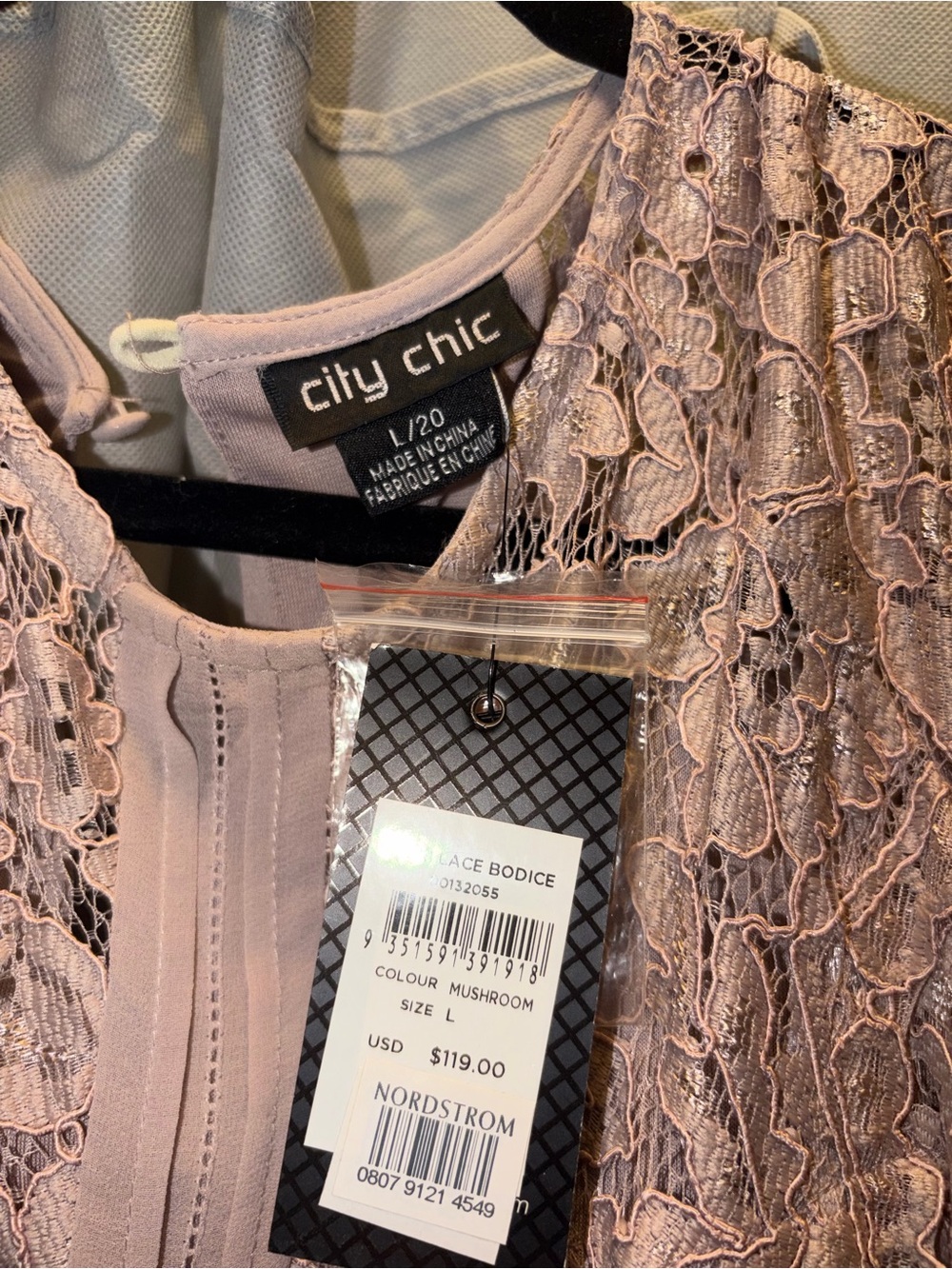 City Chic Elegant Lace Bodice Chiffon Maxi Dress in Mushroom NWT L 20 - Picture 3 of 5
